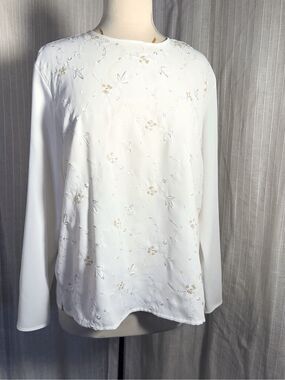 Karen Scott Blouse Size L 2000's White Sequined Cottagecore Coquette Top
